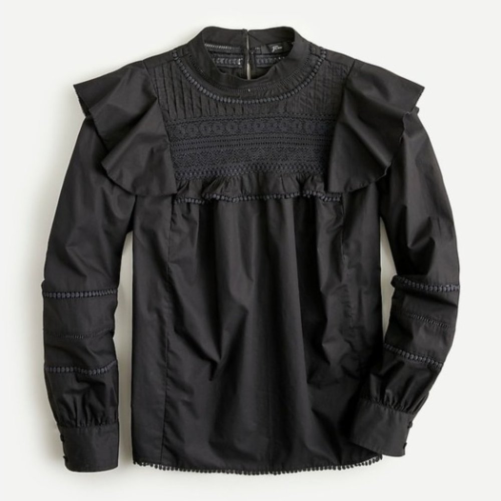 ❤️ J. CREW BLACK PEASANT BLOUSE TOP HIGH NECK CROCHET BALLOON SLEEVES BOHO SHIRT